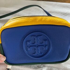 Tory Burch crossbody handbag in block colors of blue, yellow & green